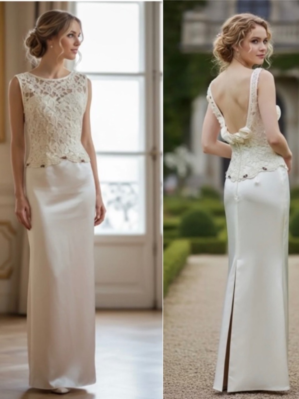 VTG MON CHERI OFF WHITE BATEAU LACE SATIN GOWN LOW BACK ROSETTE MAXI DRESS SZ 10